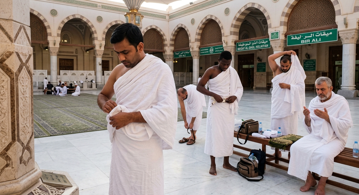 Pilgrims preparing to enter Ihram at a Miqat mosque before Umrah