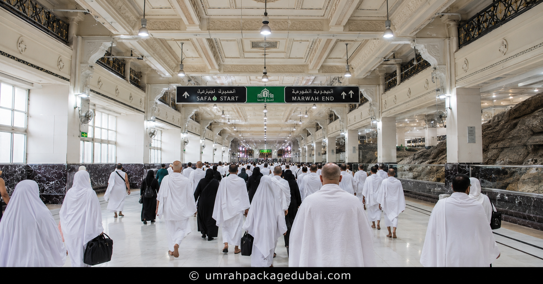 Pilgrims walking between Safa and Marwah during Sa'i in Makkah